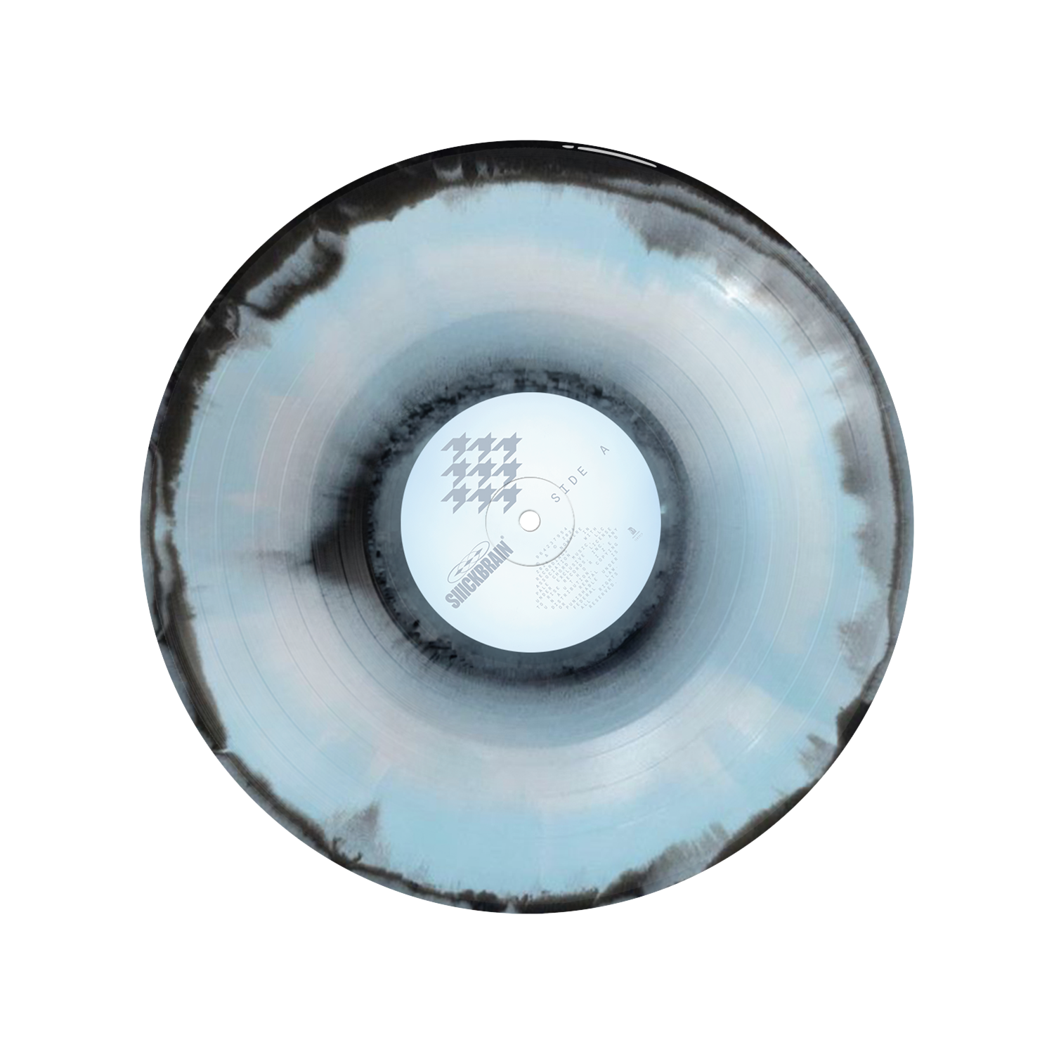 A black, white, and blue smush marbled vinyl record by SIIICKBRAIN is viewed from above. The center label has abstract geometric designs and text, while the LP rests on a plain white background.