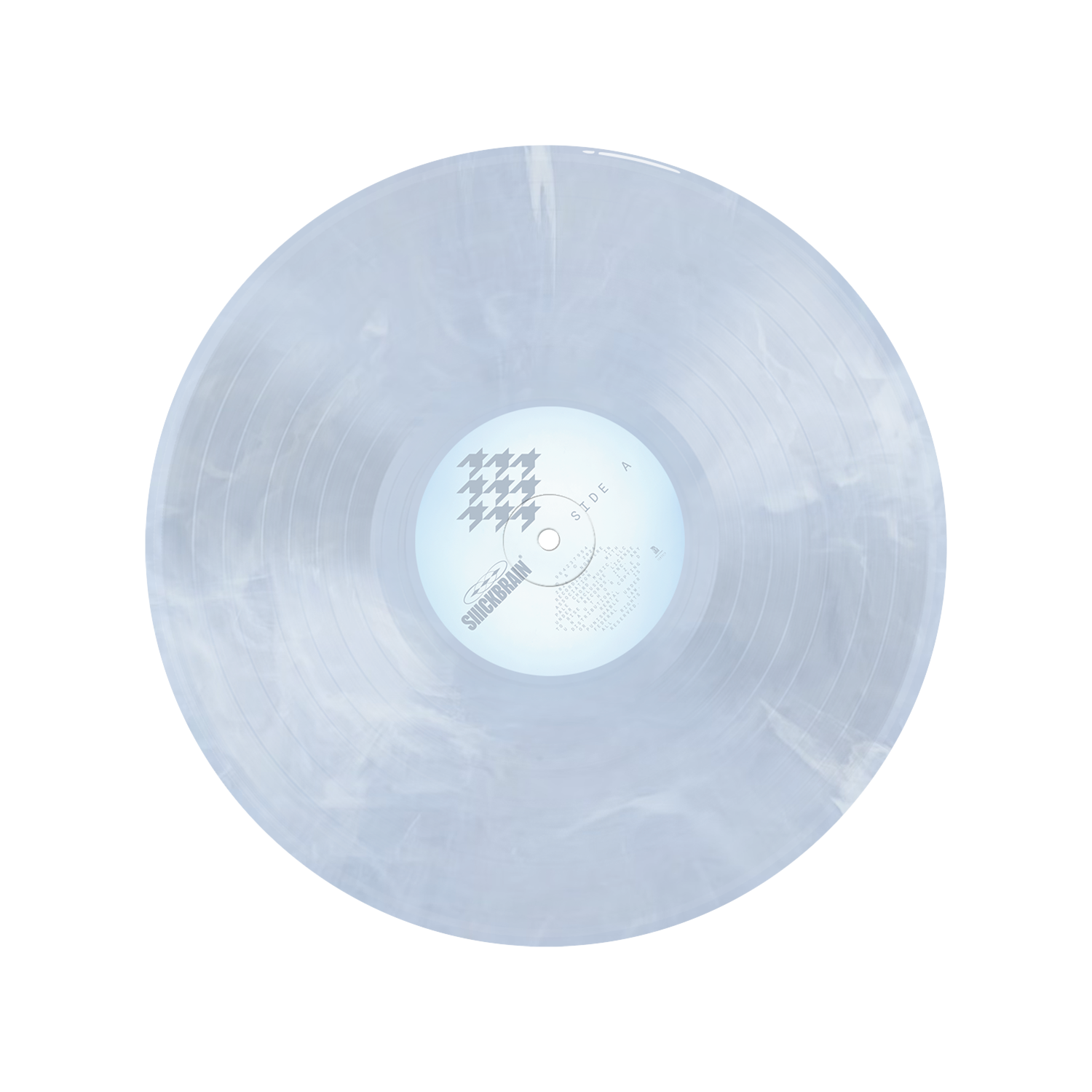 SIIICKBRAIN limited edition translucent cloudy white wave vinyl record, featuring a central label with abstract black patterns and text on a plain white background.