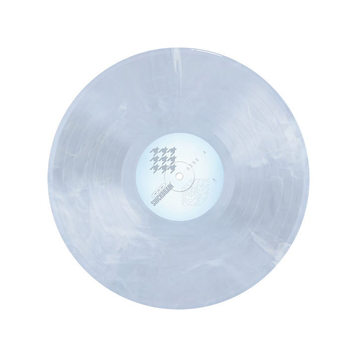 SIIICKBRAIN limited edition translucent cloudy white wave vinyl record, featuring a central label with abstract black patterns and text on a plain white background.