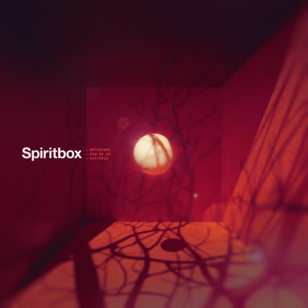 A red-lit room with shadows of tree branches on the floor and walls, a round light or moon on the far wall, and the text Spiritbox with song titles: Rotoscope, Sew Me Up, Hysteria.