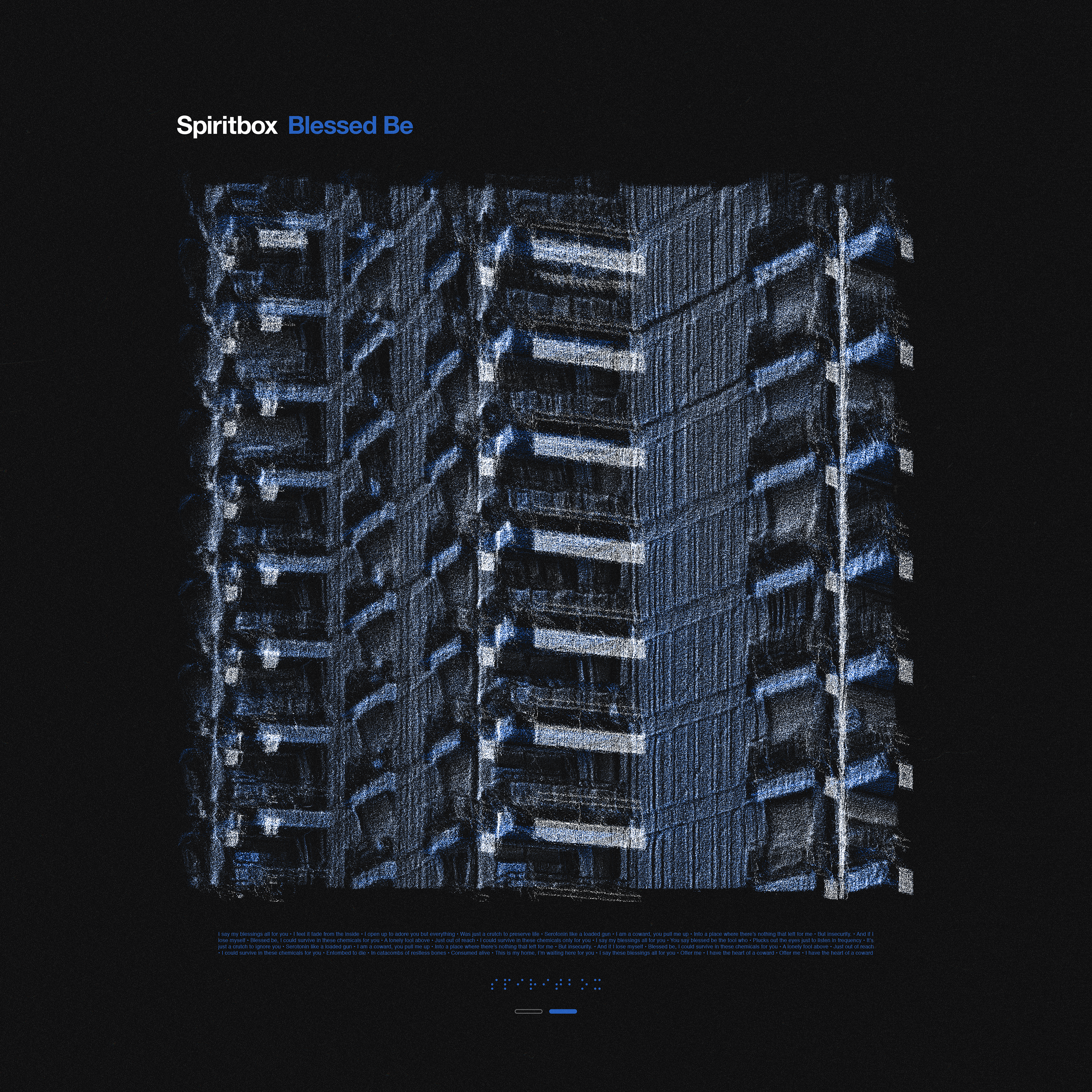 A digitally rendered, blue-tinted image of a high-rise building facade with repetitive balconies, set against a black background. The text Spiritbox Blessed Be appears at the top left in white and blue.