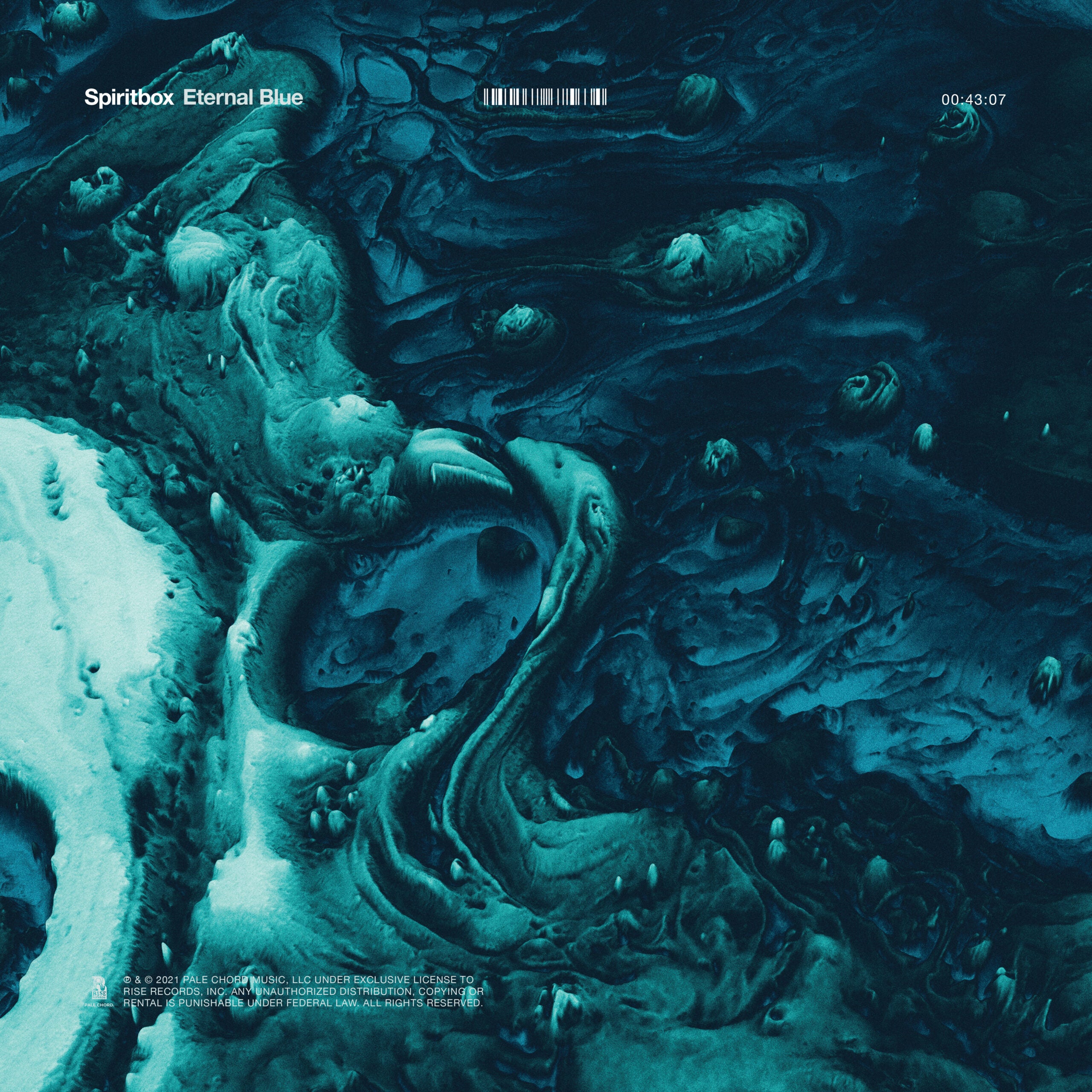 Abstract blue and teal swirling patterns resembling ocean waves or cosmic clouds with white highlights, overlaid with text Spiritbox Eternal Blue and timestamp 00:43:07 in the top corners.