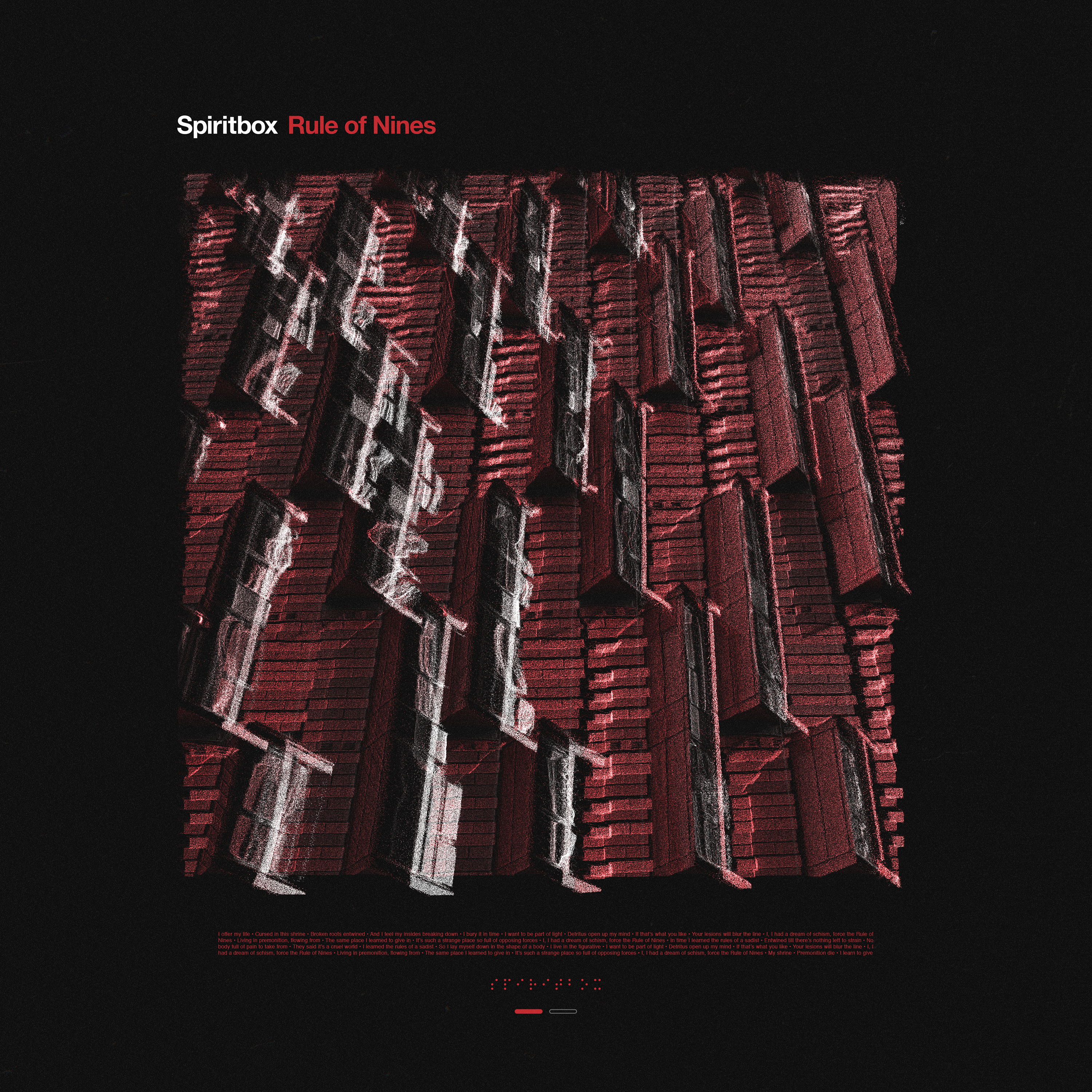 Album cover for Spiritboxs Rule of Nines, featuring a 3D abstract geometric pattern in red and black tones, with band and song names in the upper left corner against a black background.