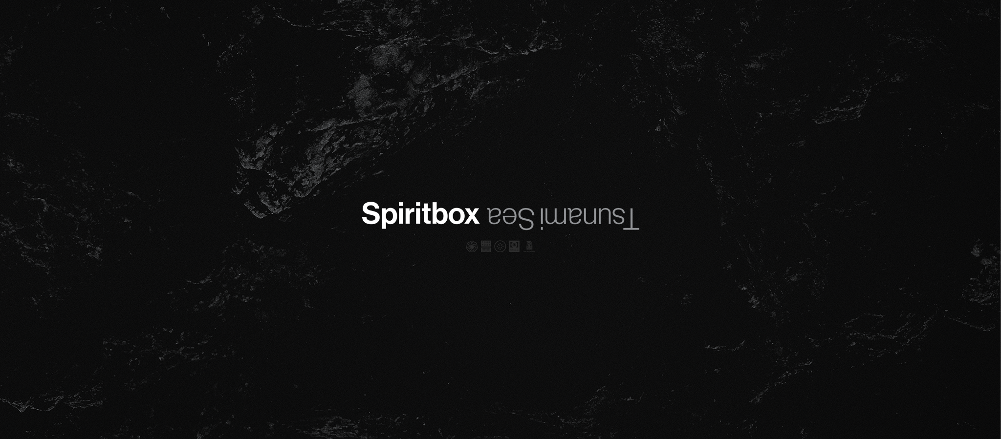 A black textured background with the word Spiritbox in bold white letters, upside down, above the mirrored and lighter text tɯɐɹnsɐS and smaller symbols.