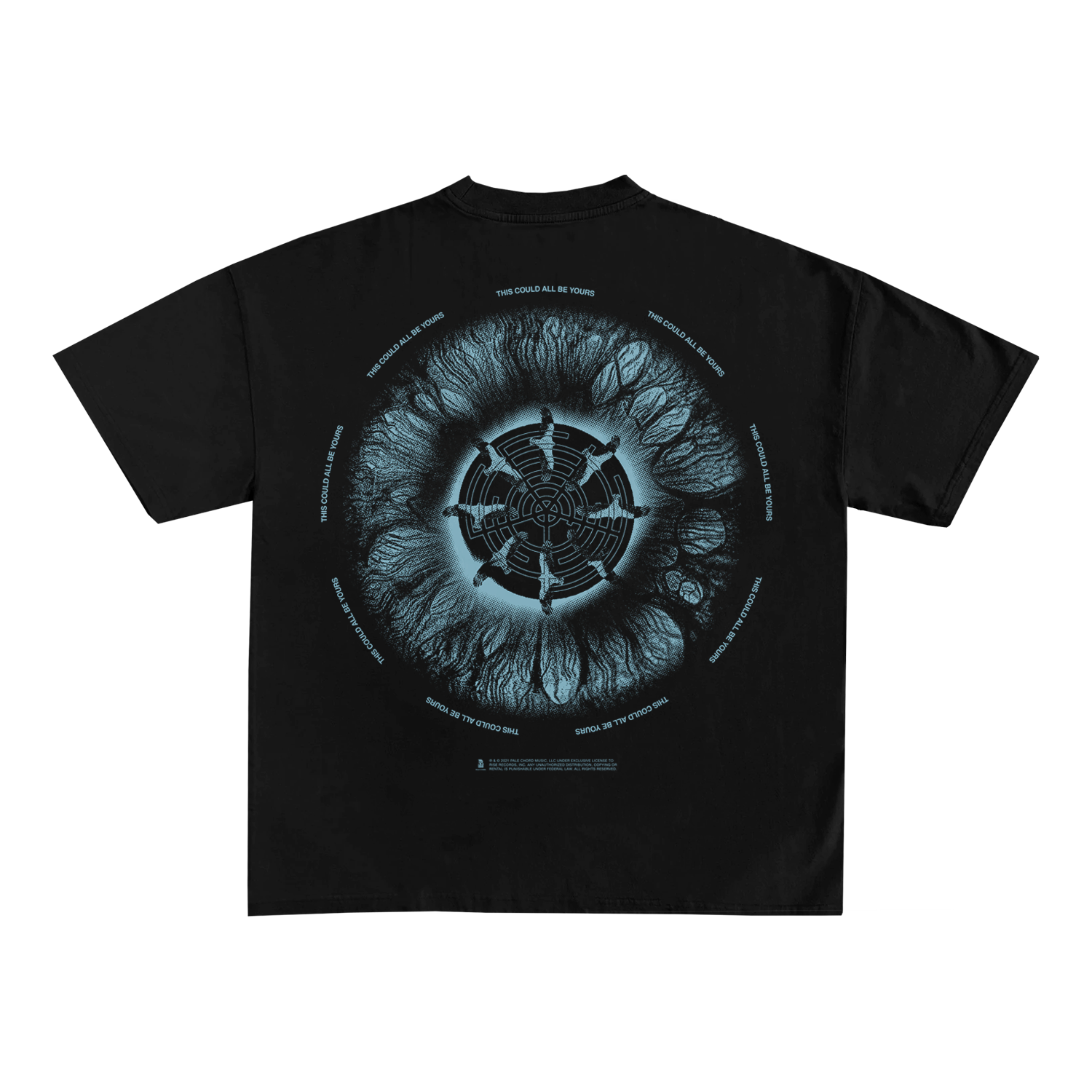Black Spiritbox T-shirt with a blue circular iris-like design, surrounded by small text and geometric patterns on the back. Made from soft, fabric-laundered material for lasting comfort.