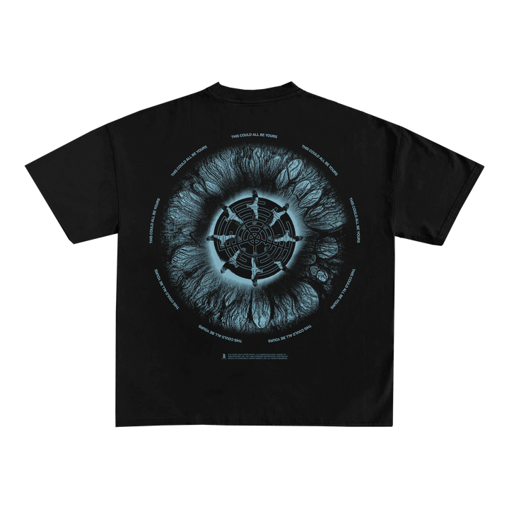 Black Spiritbox T-shirt with a blue circular iris-like design, surrounded by small text and geometric patterns on the back. Made from soft, fabric-laundered material for lasting comfort.