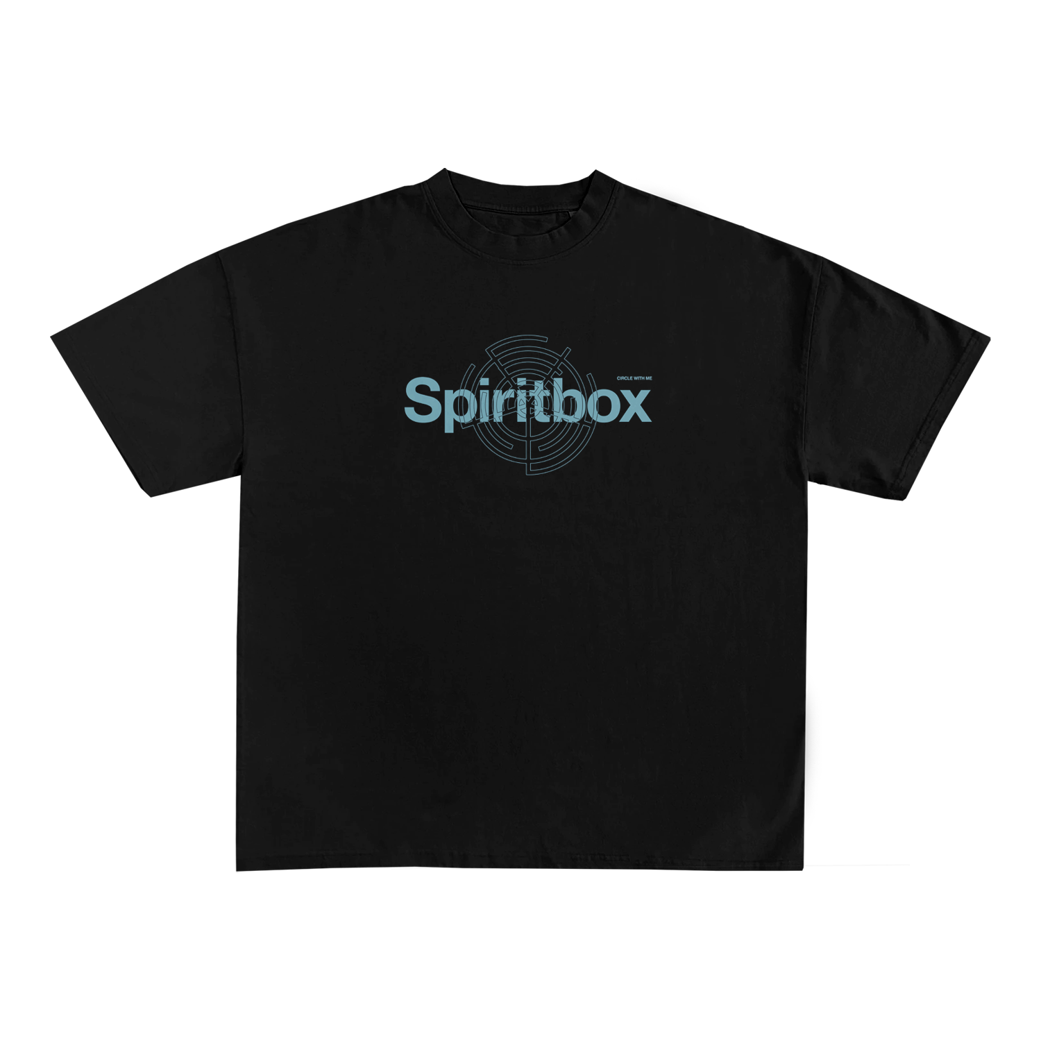 A black Spiritbox t-shirt in soft combed ring-spun cotton, featuring large light blue Spiritbox lettering and a circular geometric background design.