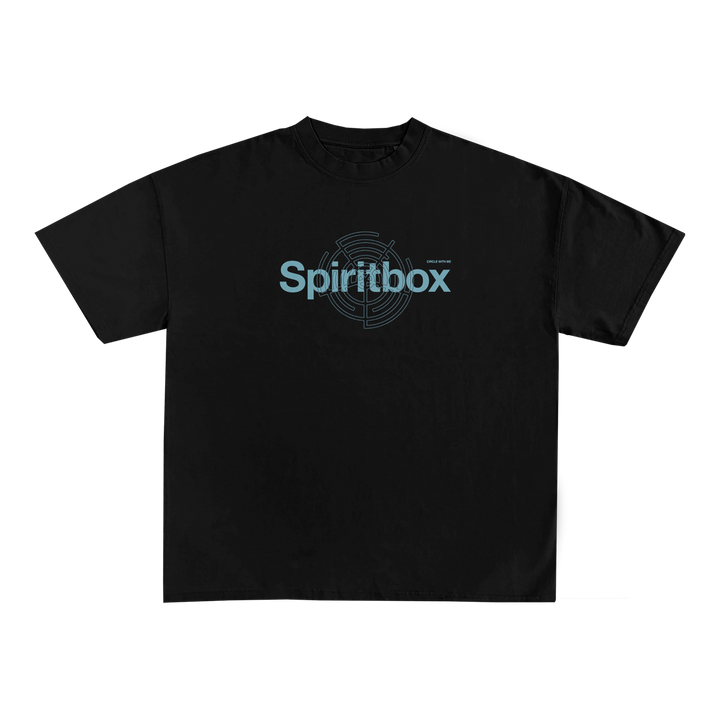 A black Spiritbox t-shirt in soft combed ring-spun cotton, featuring large light blue Spiritbox lettering and a circular geometric background design.
