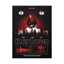 A horror movie poster for Holy Roller by Spiritbox shows eerie eyes over a forest, a burning cross, and distressed faces in red, black, and white. The tagline reads: "Stand to the left of me in paradise.