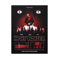 A horror movie poster for Holy Roller by Spiritbox shows eerie eyes over a forest, a burning cross, and distressed faces in red, black, and white. The tagline reads: "Stand to the left of me in paradise.