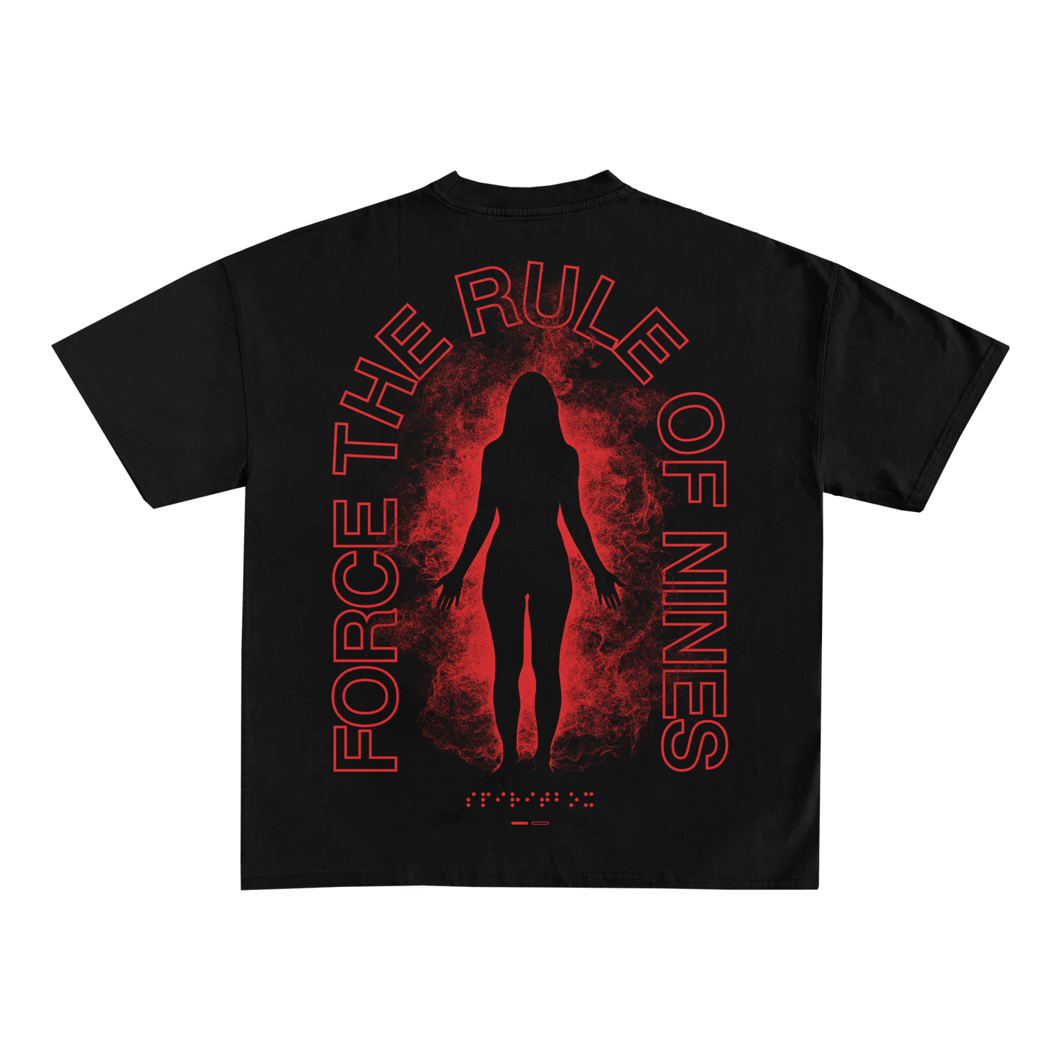 A black Spiritbox t-shirt made from soft combed ring-spun cotton features a red silhouette with red smoke and large circular text, “FORCE THE RULE OF NINES.” Includes a comfortable tear-away label by Next Level Apparel.