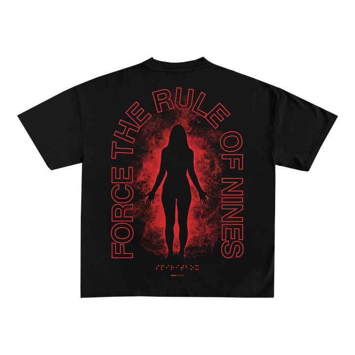 A black Spiritbox t-shirt made from soft combed ring-spun cotton features a red silhouette with red smoke and large circular text, “FORCE THE RULE OF NINES.” Includes a comfortable tear-away label by Next Level Apparel.