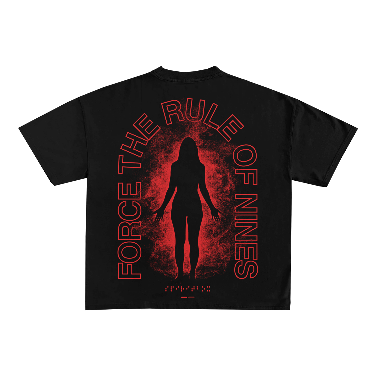 Black Spiritbox Bella + Canvas t-shirt with a red silhouette in a fiery aura, featuring FORCE THE RULE OF NINES in bold red letters encircling the back graphic—a standout piece for womens fashion.