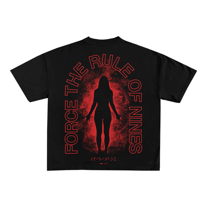 Black Spiritbox Bella + Canvas t-shirt with a red silhouette in a fiery aura, featuring FORCE THE RULE OF NINES in bold red letters encircling the back graphic—a standout piece for womens fashion.
