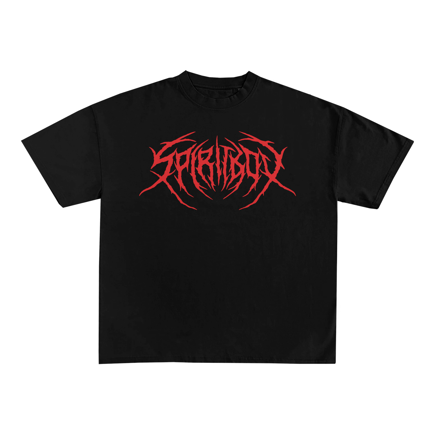 A black Spiritbox T-shirt made from soft combed ring-spun cotton, featuring bold jagged red SABRINACARP text in a heavy metal-inspired font on the front. Includes a tear away label for comfort.