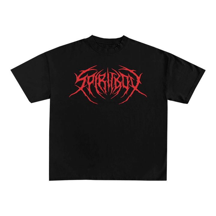 A black Spiritbox T-shirt made from soft combed ring-spun cotton, featuring bold jagged red SABRINACARP text in a heavy metal-inspired font on the front. Includes a tear away label for comfort.
