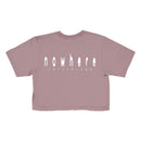 A mauve cropped t-shirt from Saphir Levi, featuring nowhere recordings in a distorted, stretched white font on the back.