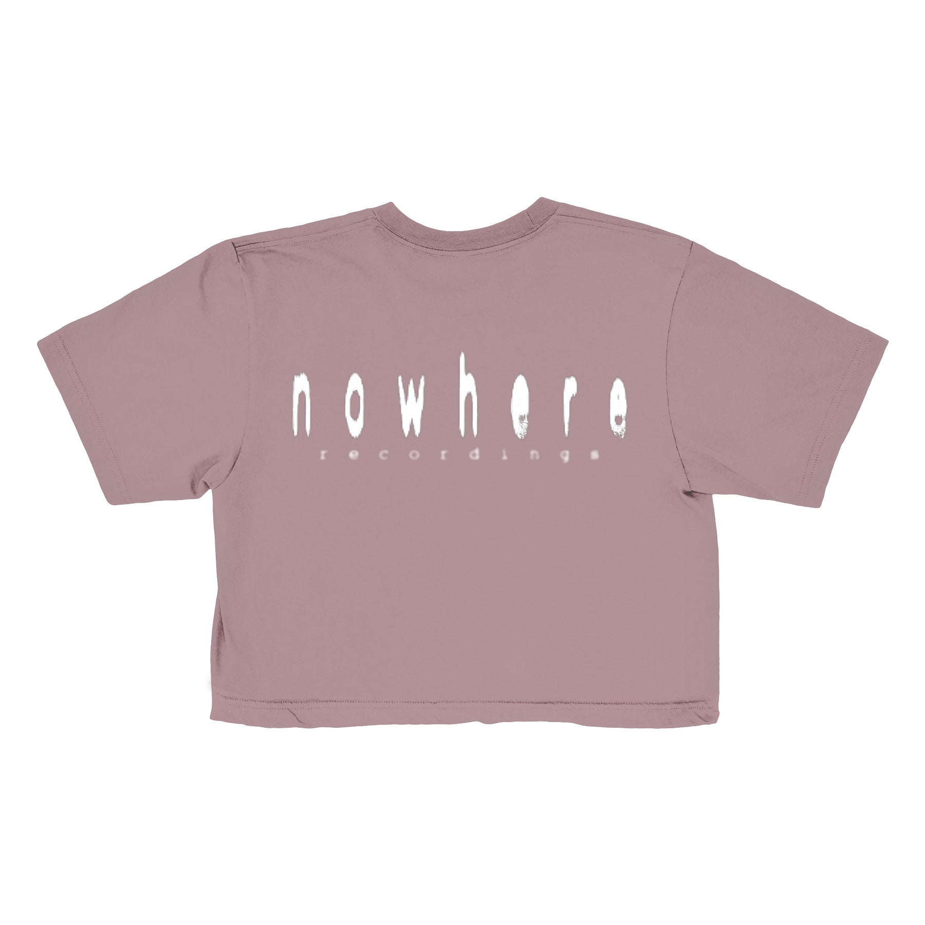 A mauve cropped t-shirt from Saphir Levi, featuring nowhere recordings in a distorted, stretched white font on the back.