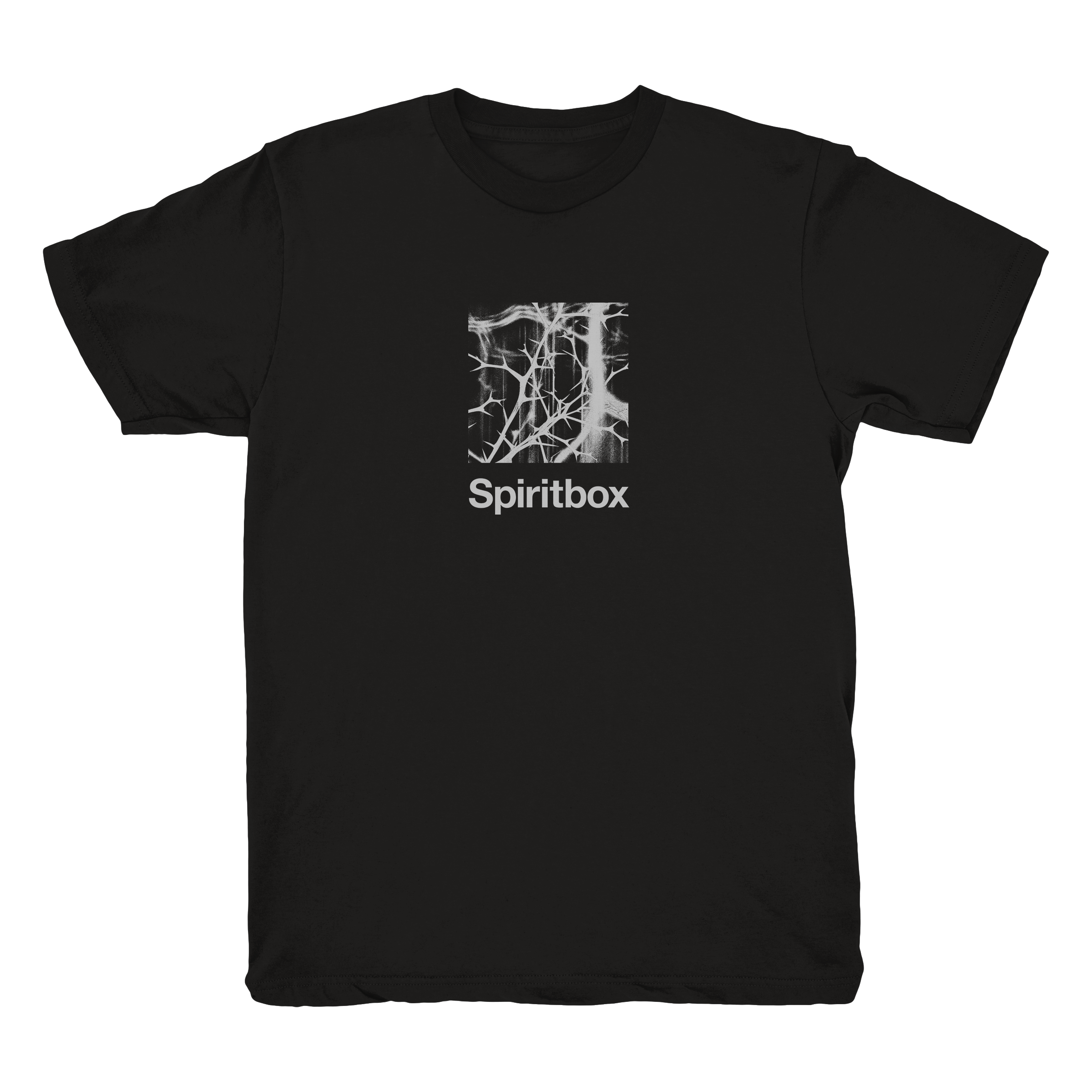 Black t-shirt by Spiritbox with a white abstract graphic of tangled lines, Spiritbox in bold underneath. Made from 100% combed ring-spun cotton for a fabric-laundered, ultra-soft feel.