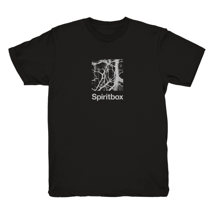 Black t-shirt by Spiritbox with a white abstract graphic of tangled lines, Spiritbox in bold underneath. Made from 100% combed ring-spun cotton for a fabric-laundered, ultra-soft feel.