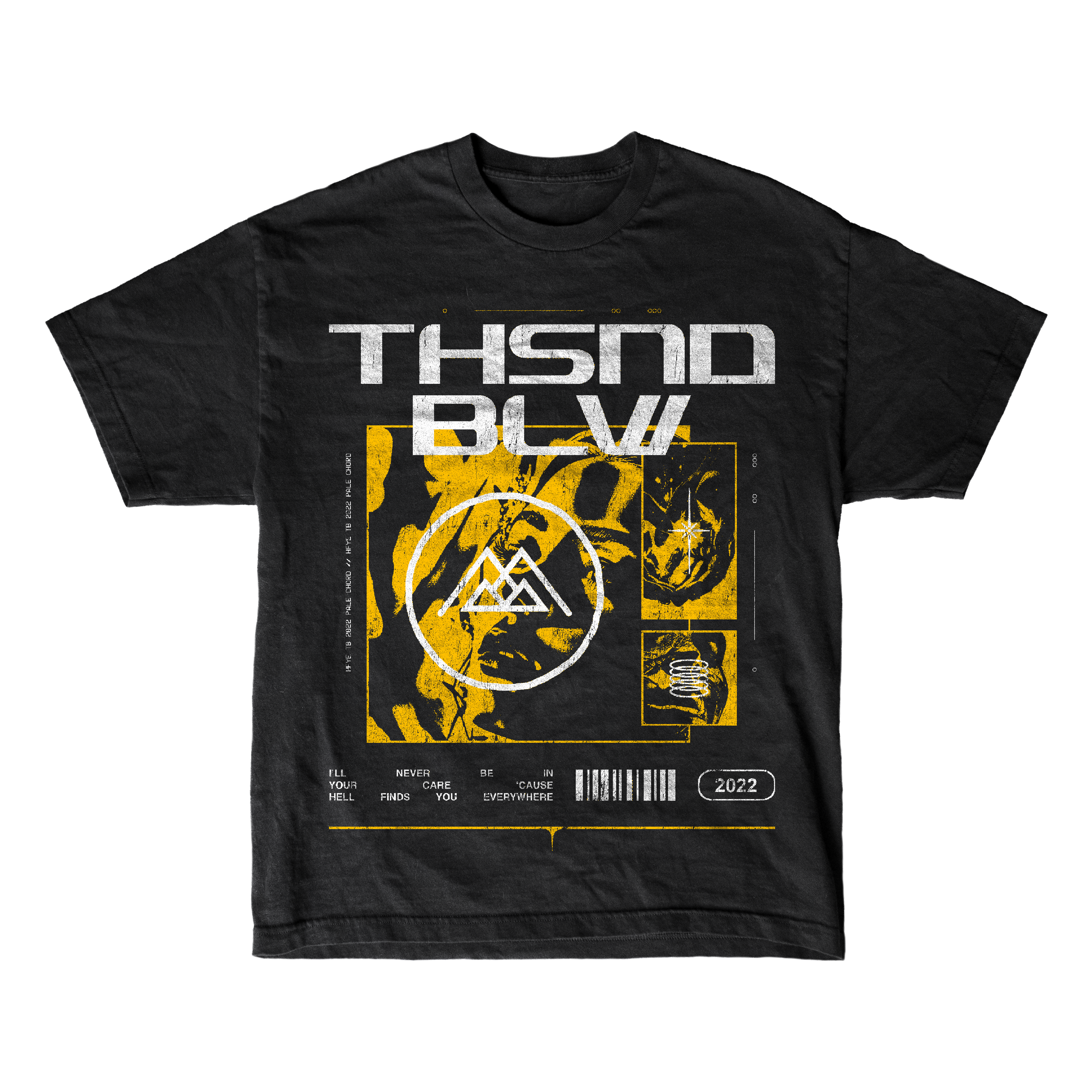 Thousand Below black T-shirt in ring-spun cotton with a modern classic fit features bold white THSND BLW text, abstract yellow and white graphics, geometric shapes, a barcode, and a small 2022 label near the hem.