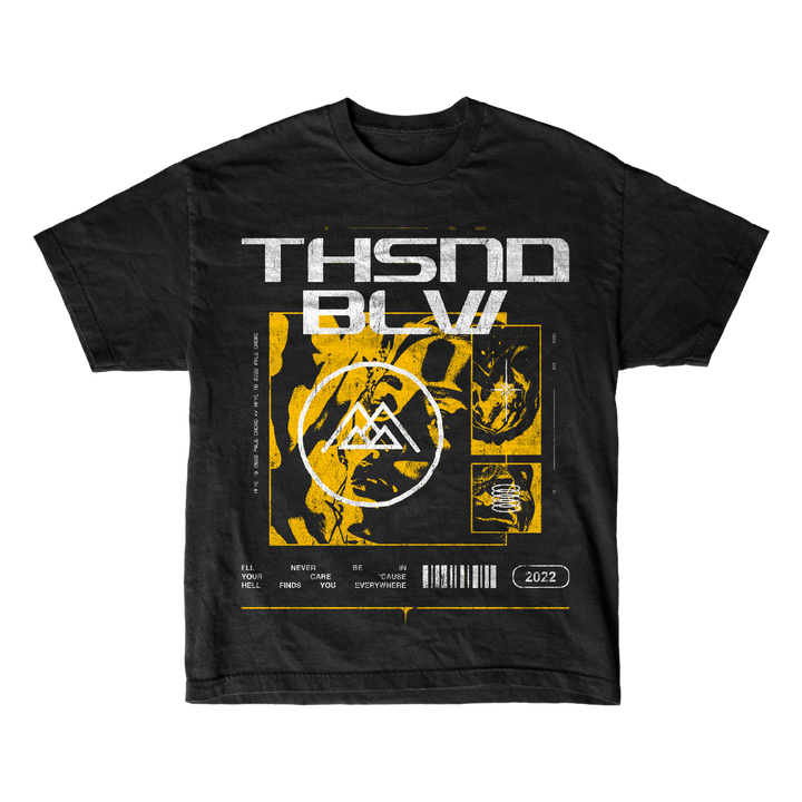 Thousand Below black T-shirt in ring-spun cotton with a modern classic fit features bold white THSND BLW text, abstract yellow and white graphics, geometric shapes, a barcode, and a small 2022 label near the hem.
