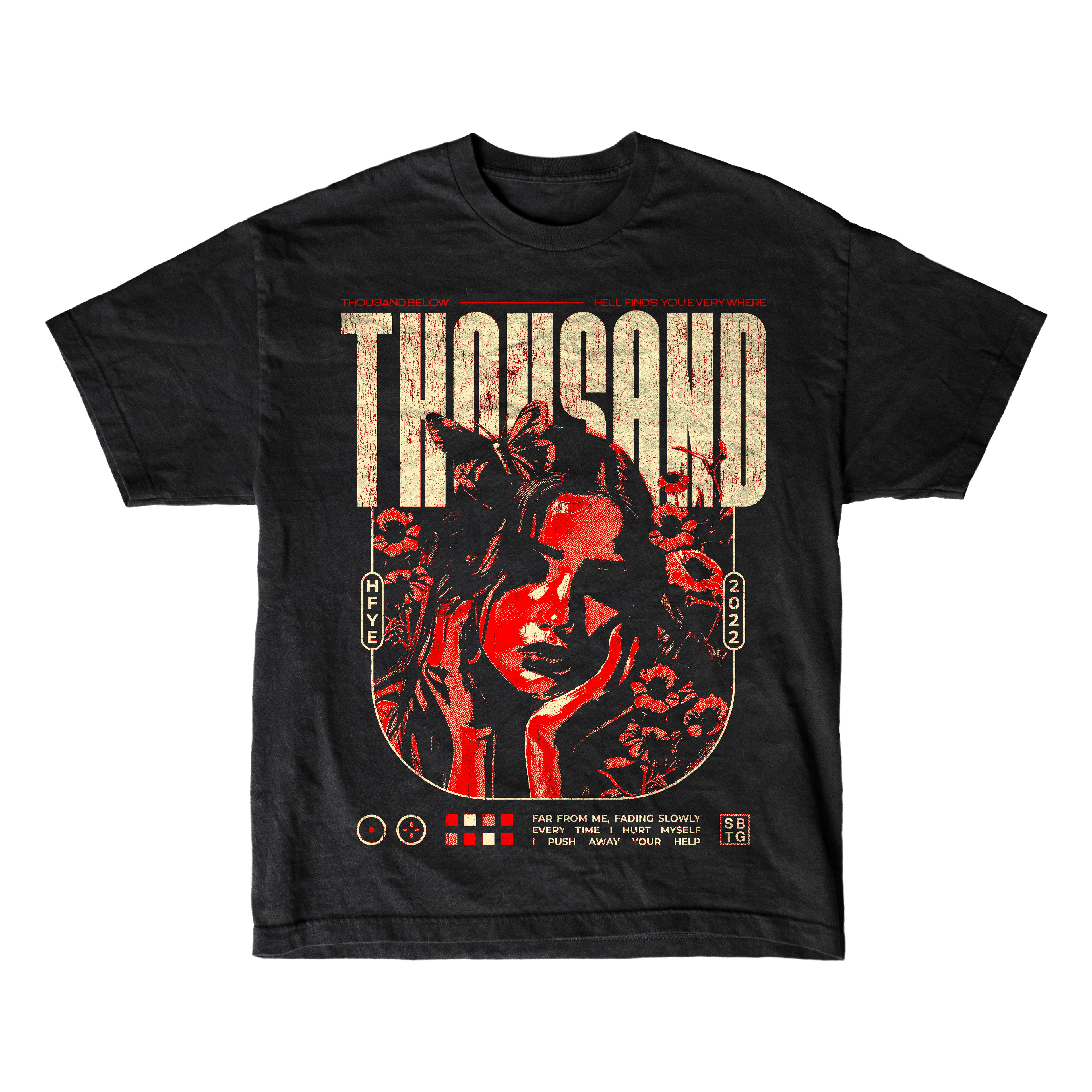 Black t-shirt by Thousand Below featuring a red and beige graphic of a womans face with flowers, large distressed THOUSAND text above, smaller text and symbols. Made from soft ring-spun cotton in a modern classic fit.