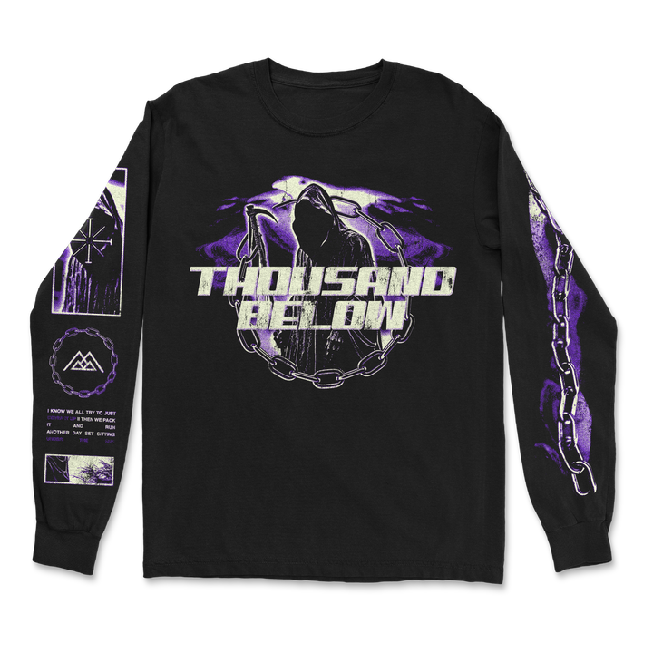 Black long-sleeve shirt from Thousand Below featuring a hooded figure with chains and purple details on the front, plus sleeve graphics. Made from 100% cotton in a classic fit for comfort and style.