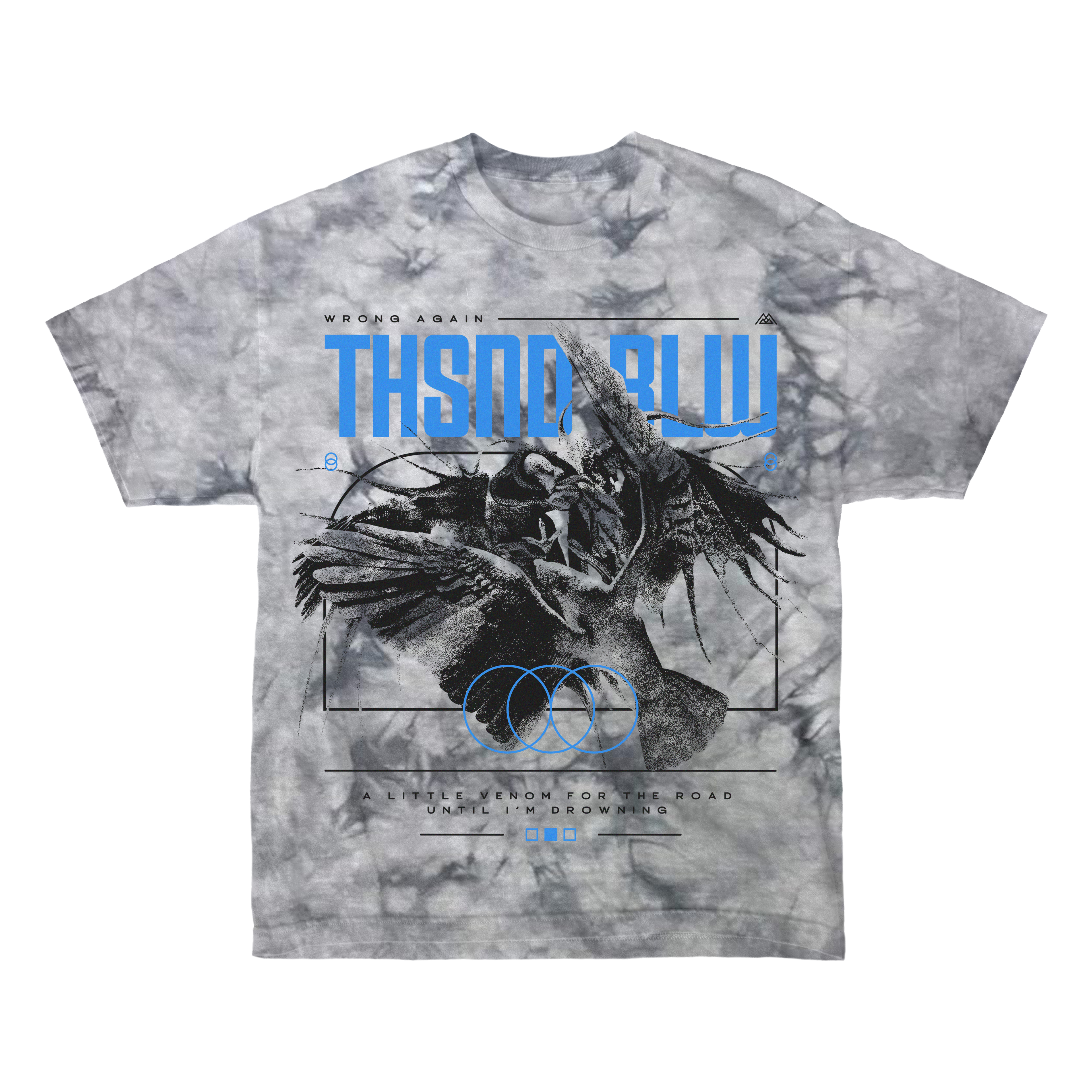 Thousand Below gray tie-dye T-shirt, made from 100% cotton, showcases an abstract winged figure with dark tones, blue THSND BLW text, and circular symbols. Finished with a tear-away label for comfort.