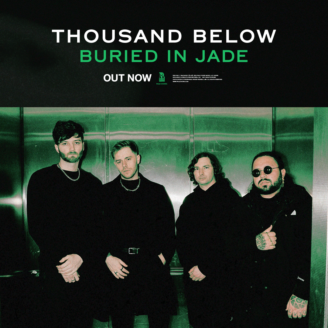 Four men dressed in black stand in an elevator with metallic walls. Text above reads THOUSAND BELOW BURIED IN JADE OUT NOW with green and white lettering. The mood is serious and promotional.
