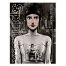 Illustration of a dark-haired woman in a strapless white dress with abstract cityscape behind her. A smaller image shows her sitting on a chair. Text: Spiritbox, Too Close / Too Late.