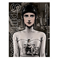 Illustration of a dark-haired woman in a strapless white dress with abstract cityscape behind her. A smaller image shows her sitting on a chair. Text: Spiritbox, Too Close / Too Late.