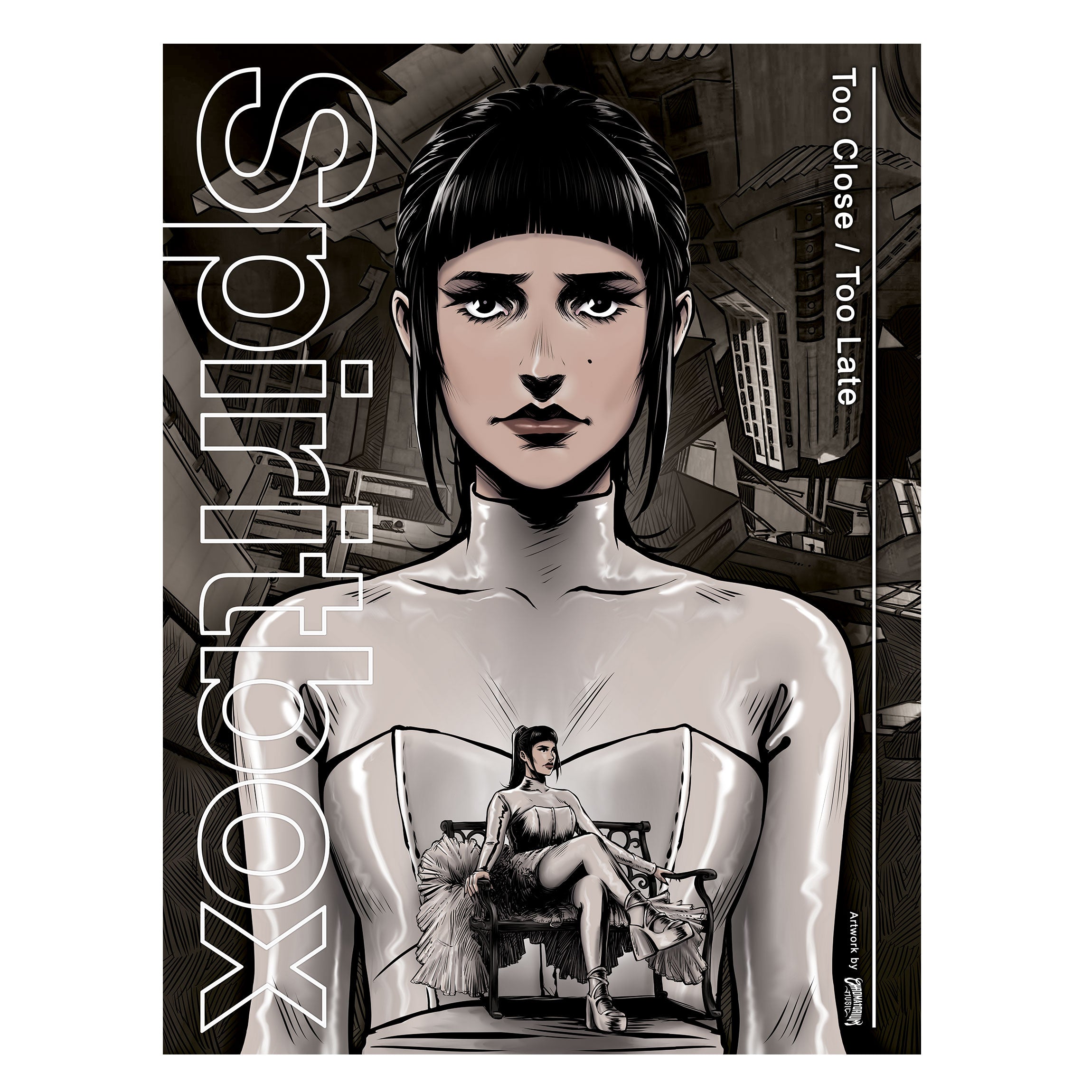 Illustration of a dark-haired woman in a strapless white dress with abstract cityscape behind her. A smaller image shows her sitting on a chair. Text: Spiritbox, Too Close / Too Late.