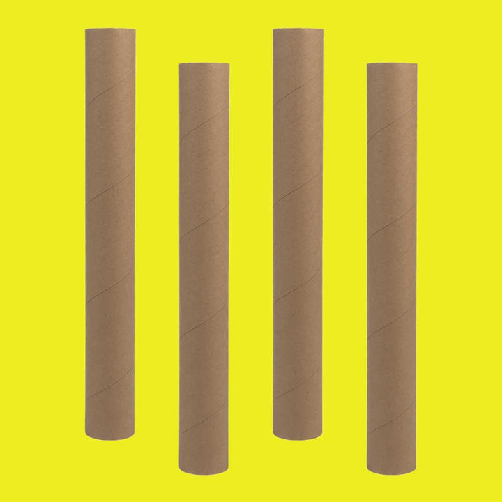 Four MerchNow poster tubes stand upright in a row against a bright yellow background, showcasing an organized and stylish way to store posters.
