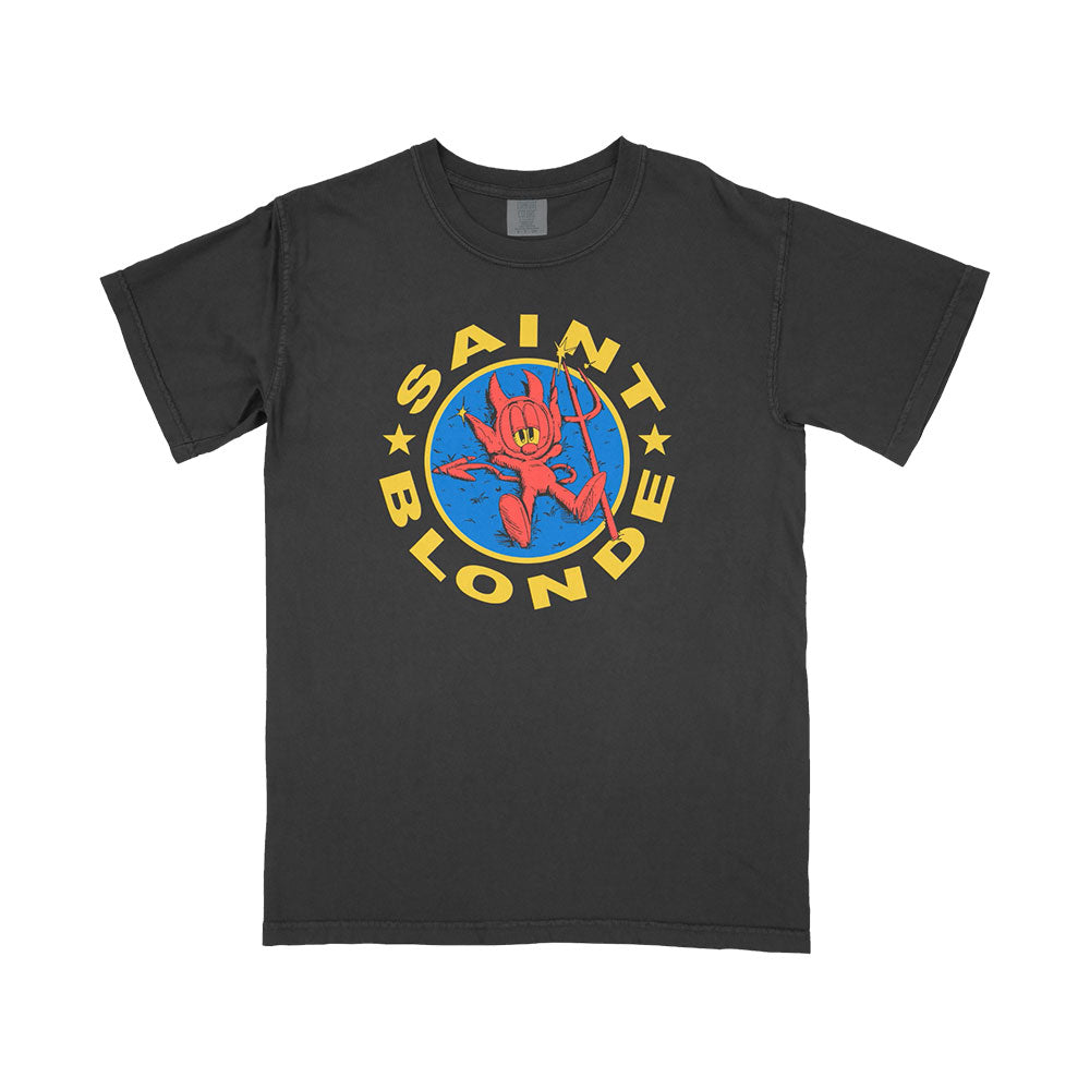 Chill Mode meets style with this Saint Blonde black tee, showcasing a red cartoon devil with a trident inside a blue circle, yellow stars, and bold SAINT BLONDE lettering encircling the playful design.