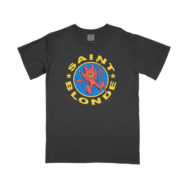 Chill Mode meets style with this Saint Blonde black tee, showcasing a red cartoon devil with a trident inside a blue circle, yellow stars, and bold SAINT BLONDE lettering encircling the playful design.