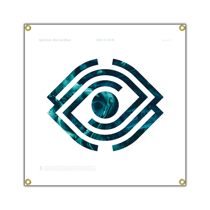 A stylized blue and teal eye fills the inner design on a white square with gold corner rings. A white banner atop reads “Spiritbox Eternal Blue,” referencing the iconic cover by the band Spiritbox.