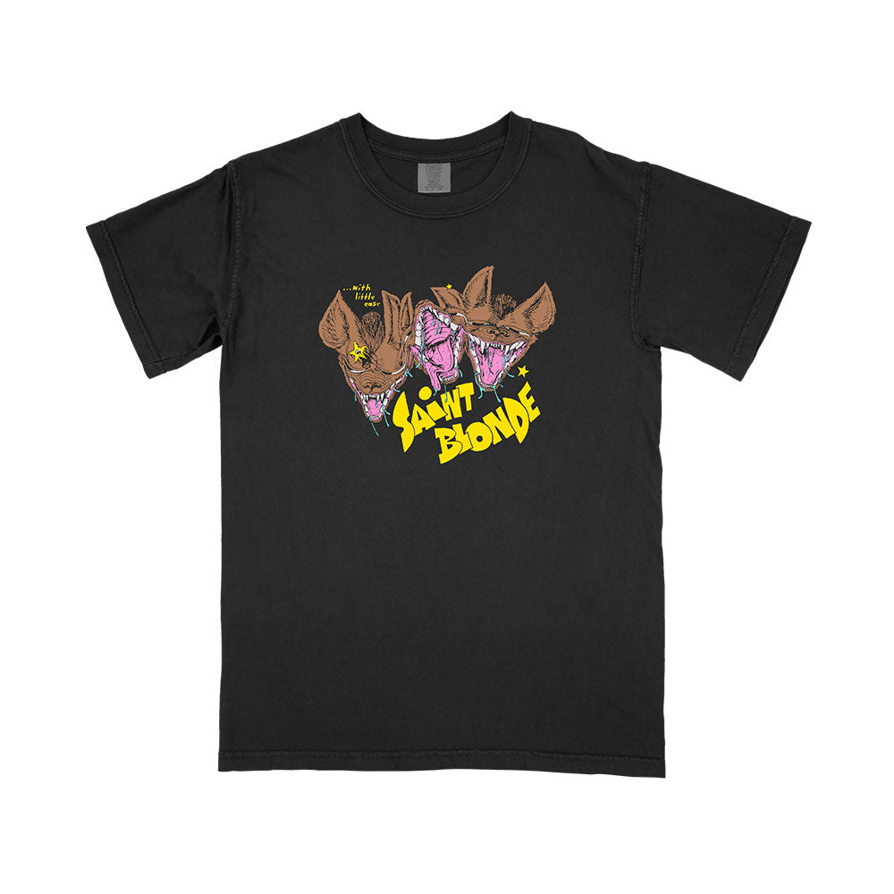 Saint Blonde black t-shirt on Comfort Colors, showcases three snarling bats with pink mouths and yellow eyes above bold yellow “SAINT BLONDE” text. This presale item is ideal for fans of unique printed garments.
