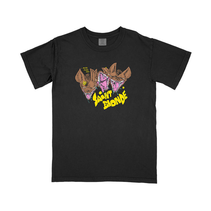 Saint Blonde black t-shirt on Comfort Colors, showcases three snarling bats with pink mouths and yellow eyes above bold yellow “SAINT BLONDE” text. This presale item is ideal for fans of unique printed garments.