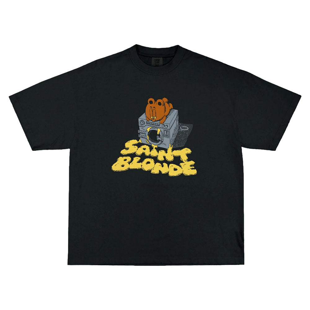 A black Saint Blonde T-shirt with a cartoon bear sitting on a washing machine above yellow, bubbly "SAINT BLONDE" text.