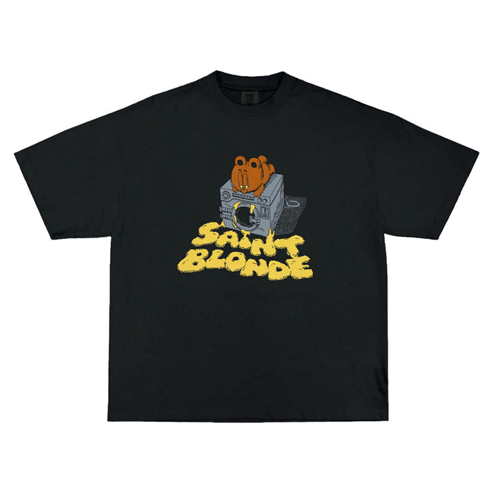 A black Saint Blonde T-shirt with a cartoon bear sitting on a washing machine above yellow, bubbly "SAINT BLONDE" text.