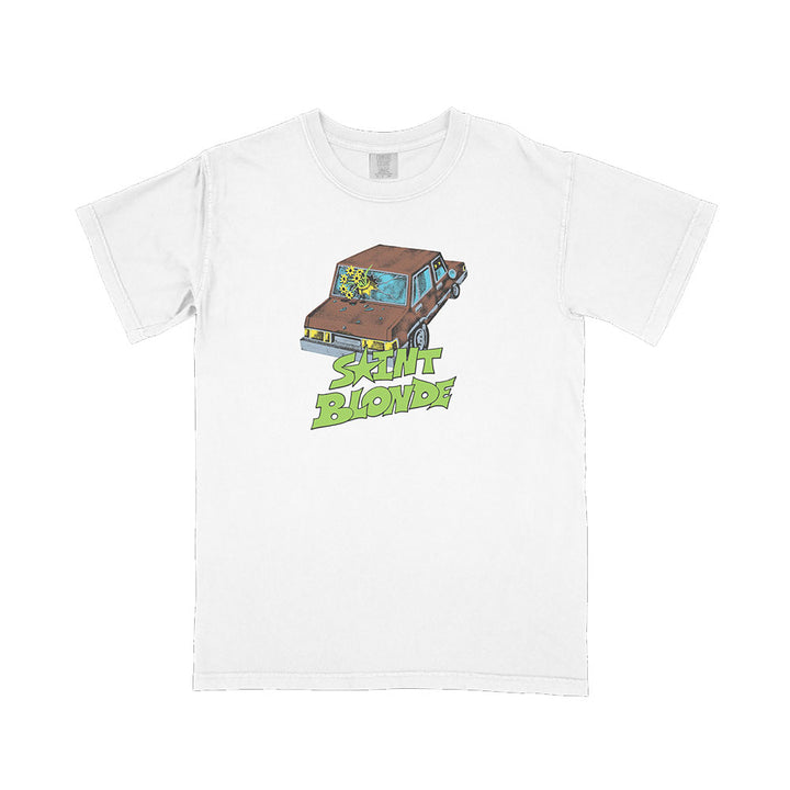 White T-shirt from Saint Blonde with a cartoon graphic of a brown car with smashed windows and bold green "STUNT BLONDE" text—part of the playful Gimme Car T-Shirt collection.