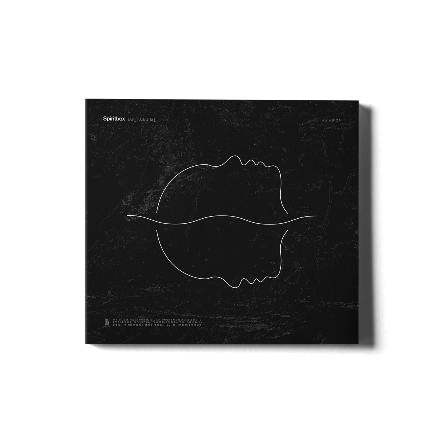 A black square CD album cover by Spiritbox features two white, minimalist line drawings of faces in back-to-back, upside-down profiles over abstract, Tsunami Sea-like patterns. Text: Spiritbox God | SurvieL.