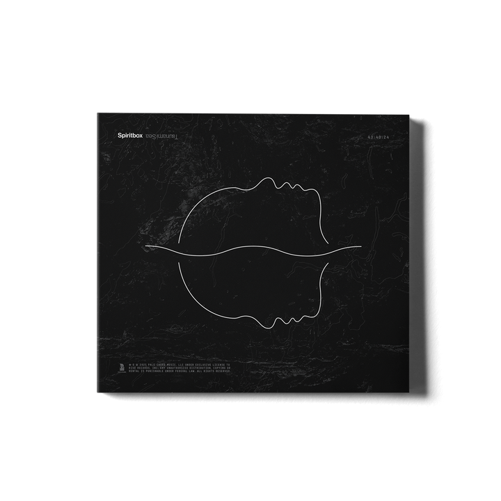 A black square CD album cover by Spiritbox features two white, minimalist line drawings of faces in back-to-back, upside-down profiles over abstract, Tsunami Sea-like patterns. Text: Spiritbox God | SurvieL.