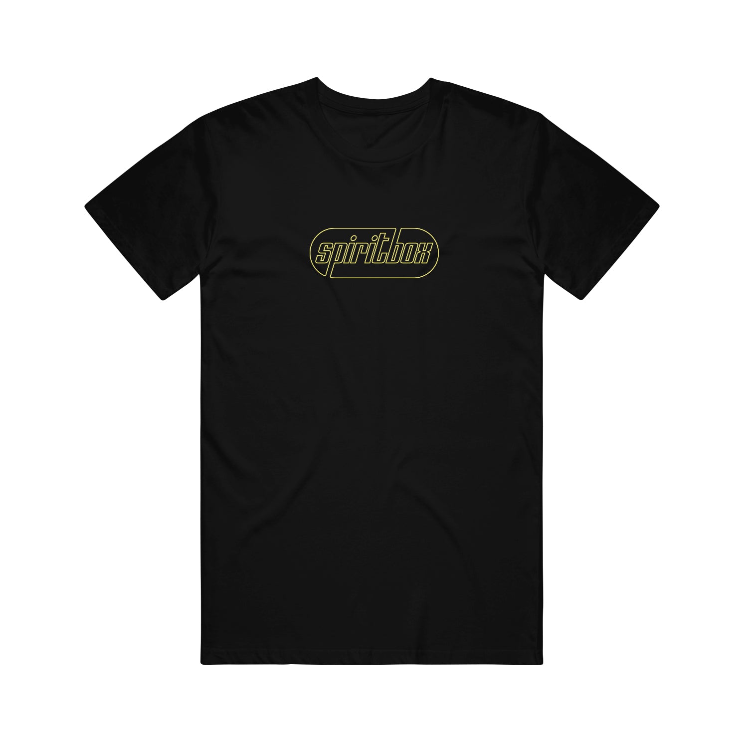 A black Spiritbox t-shirt with “spiritbox” in stylized yellow outlined text centered on the chest.