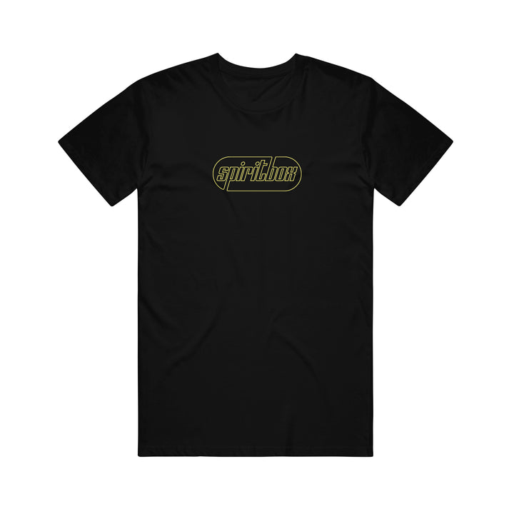 A black Spiritbox t-shirt with “spiritbox” in stylized yellow outlined text centered on the chest.