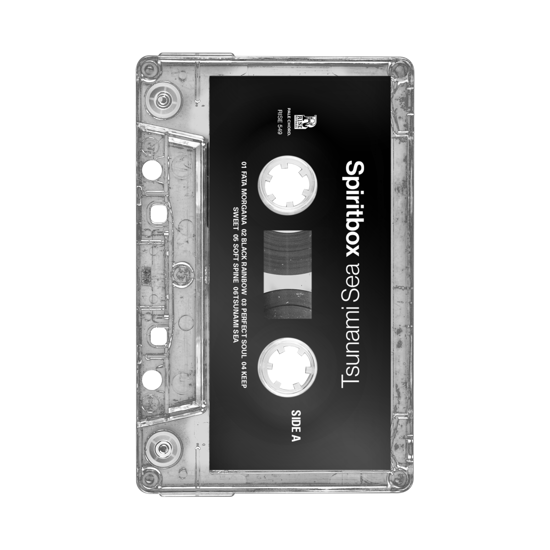 A transparent Spiritbox cassette tape labeled Tsunami Sea with visible reels and Side A tracklist in black liner text, displayed against a black background.