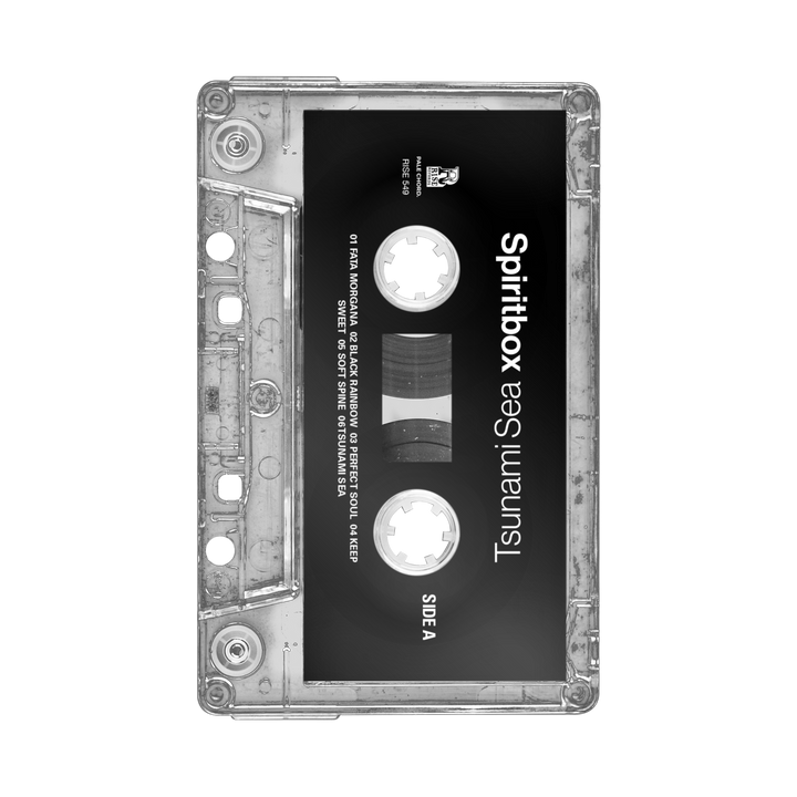 A transparent Spiritbox cassette tape labeled Tsunami Sea with visible reels and Side A tracklist in black liner text, displayed against a black background.