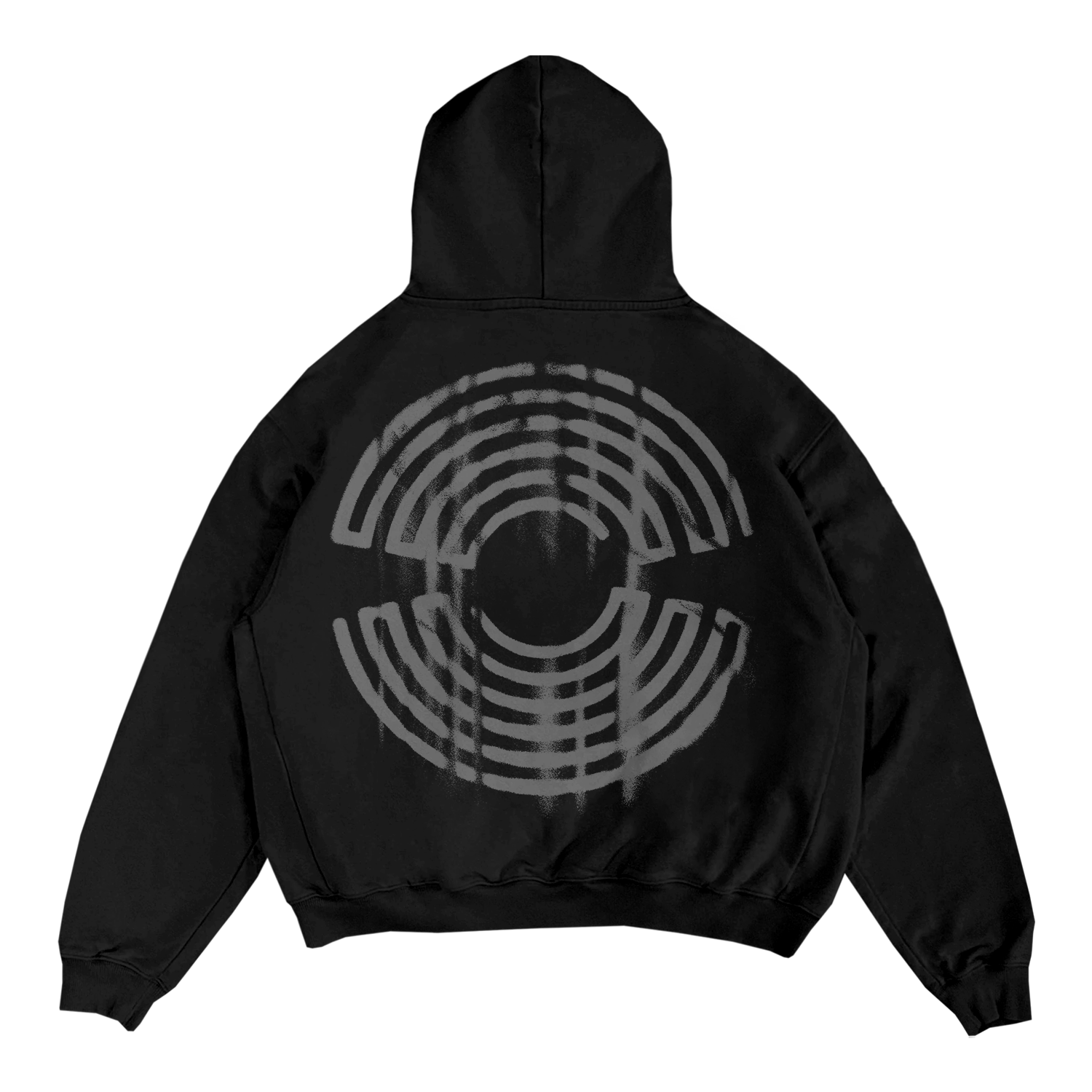 A Spiritbox black zip-up sweatshirt features a large gray circular abstract geometric design of concentric arcs and lines on the back, creating a distorted effect, set against a plain white background.