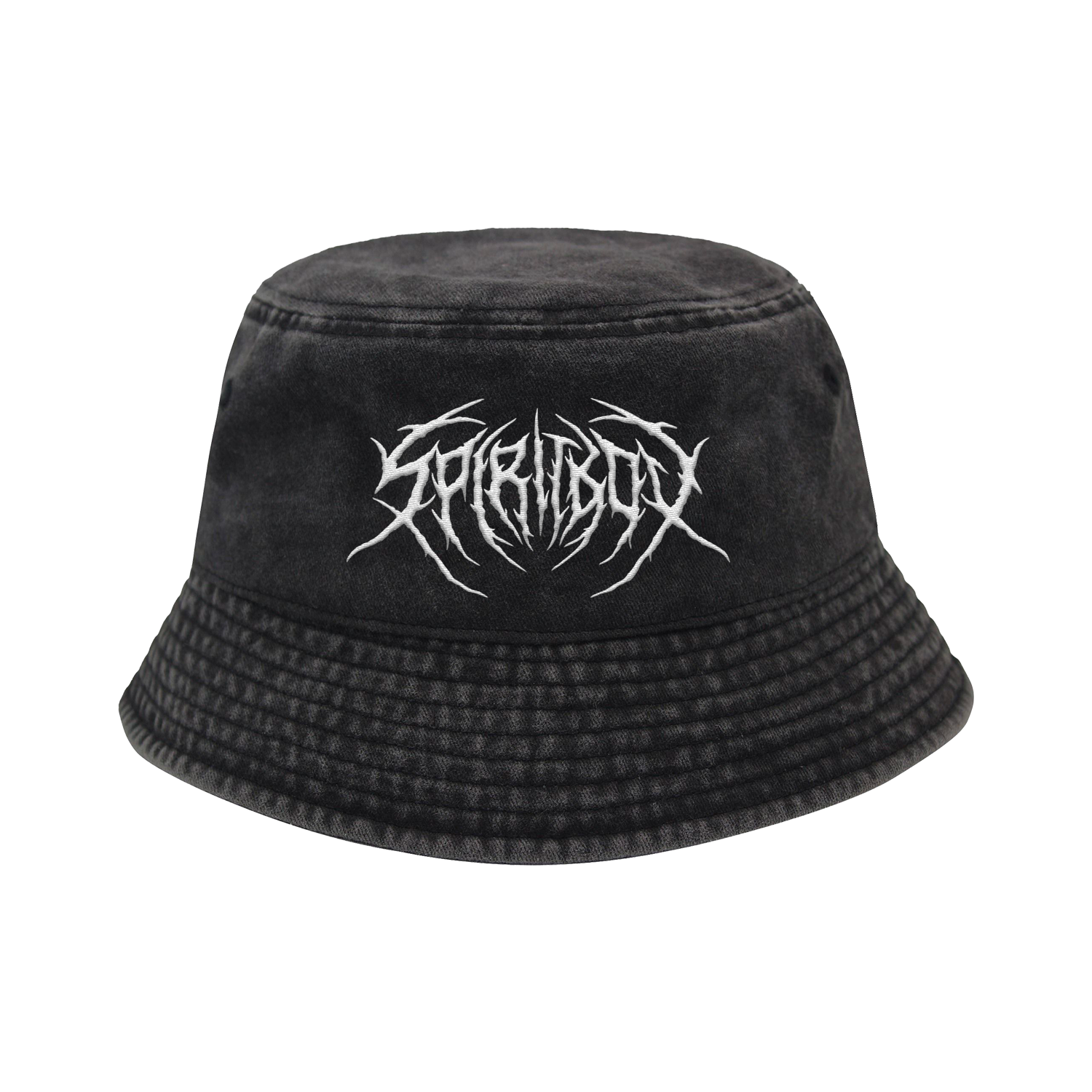 A Spiritbox pigment black bucket hat with a white death metal-style logo in an edgy font embroidered on the front, shown against a plain white background.